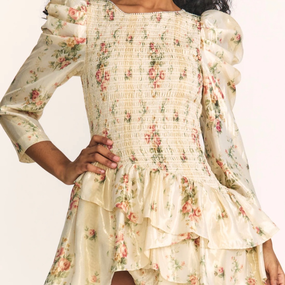 Love Shack Fancy Greenwich Mini Dress Long Sleeve in Golden Fog size XS